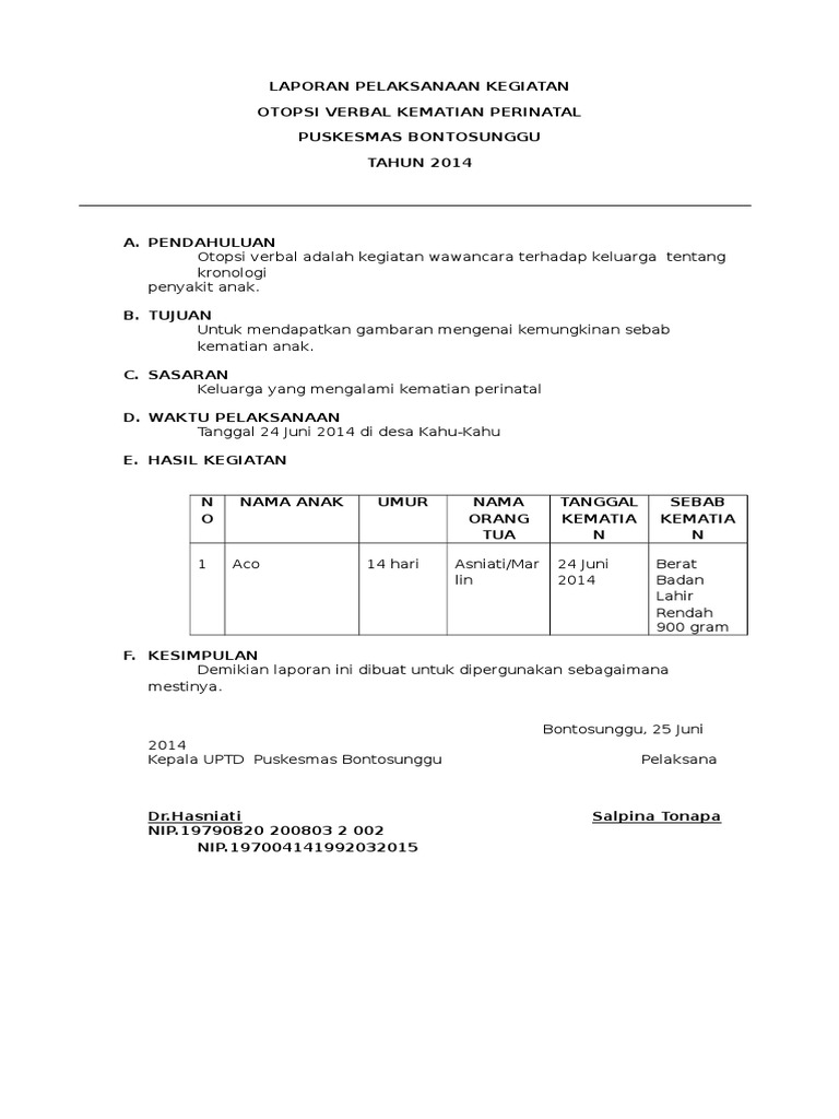 Laporan Pelaksanaan Kegiatan Otopsi Verbal
