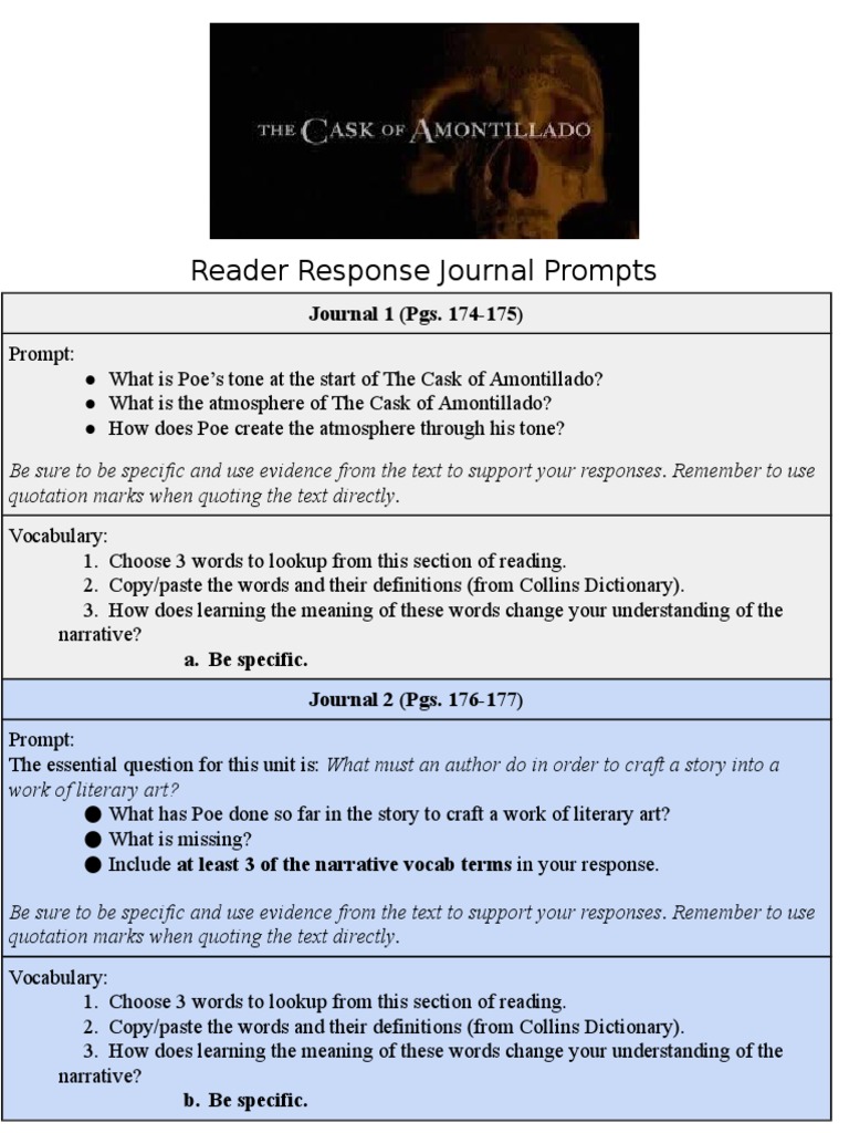 Poe's "Cask of Amontillado" Journal Prompts | PDF | Writing