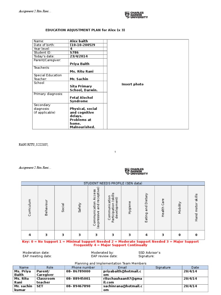 Education Adjustment Plan for Alex | PDF | Educational Assessment ...