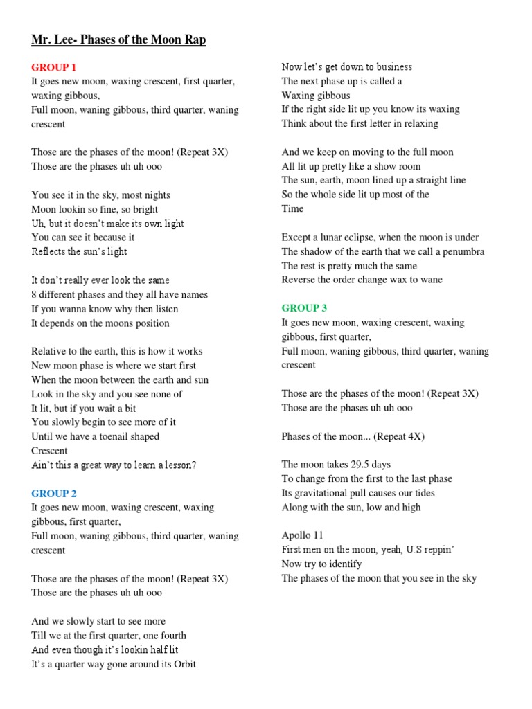MR - Lees Moon Phase Rap Lyrcis Sheet | PDF | Planetary Mass Satellites ...