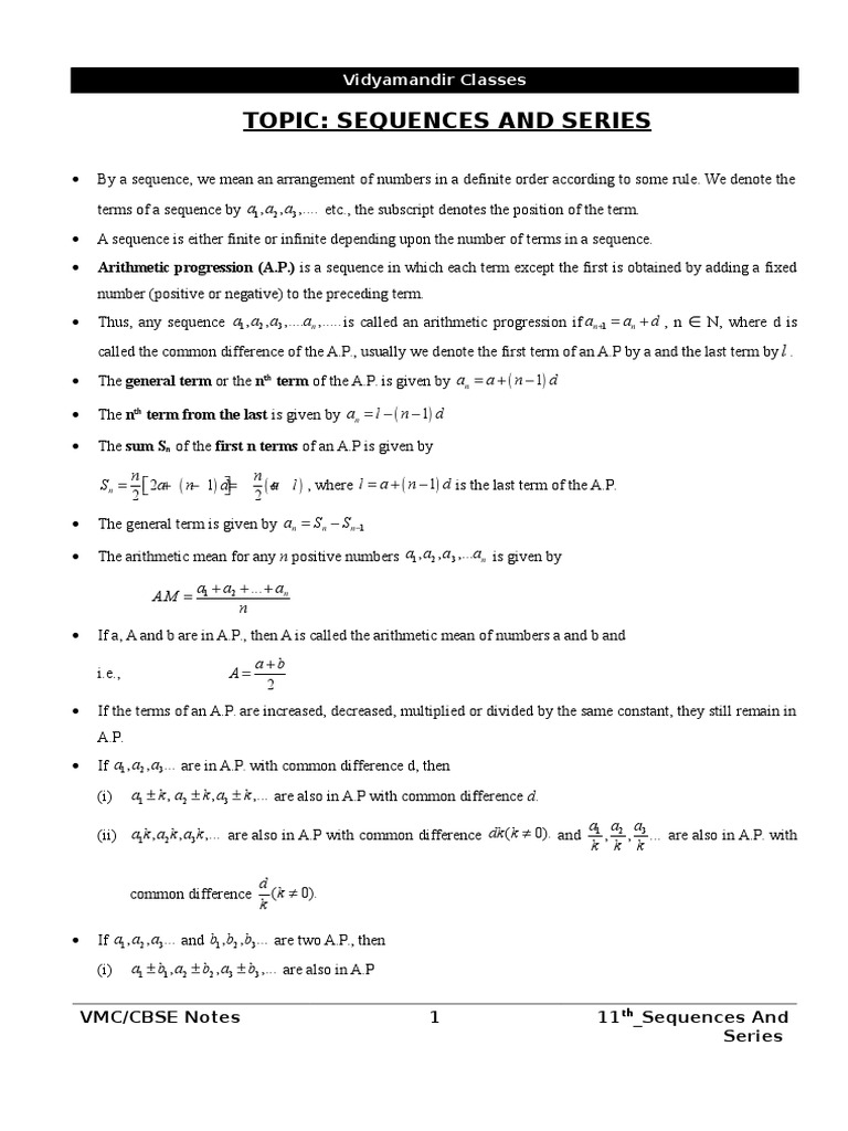 Class 11 Sequences and Series Notes | PDF | Sequence | Numbers
