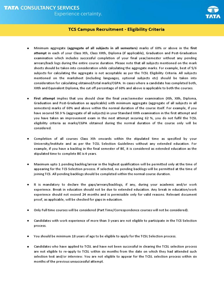 TCS Eligibility Criteria | PDF