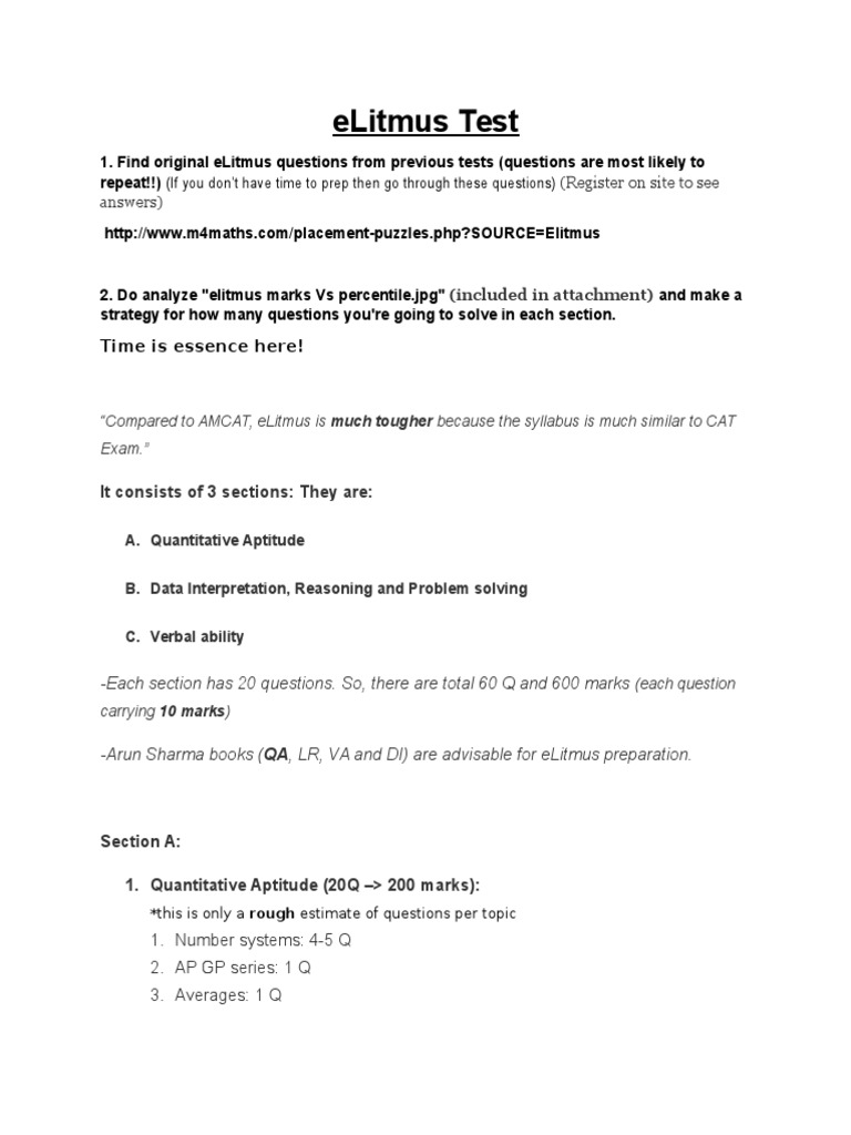 Elitmus Test (Register On Site To See Answers) PDF Teaching
