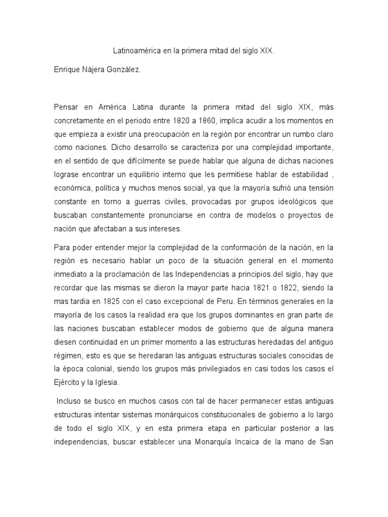 Latinoamérica en La Primera Mitad Del Siglo XIX  Nación 