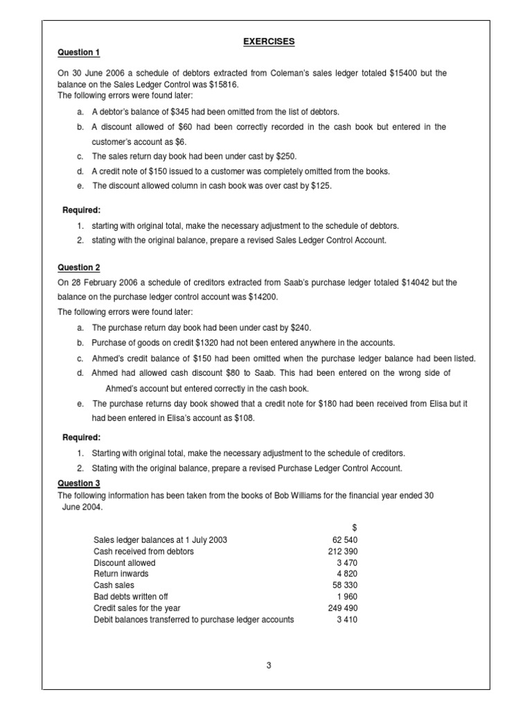 Control Account Exercises Pdf Ledger Debits And Credits