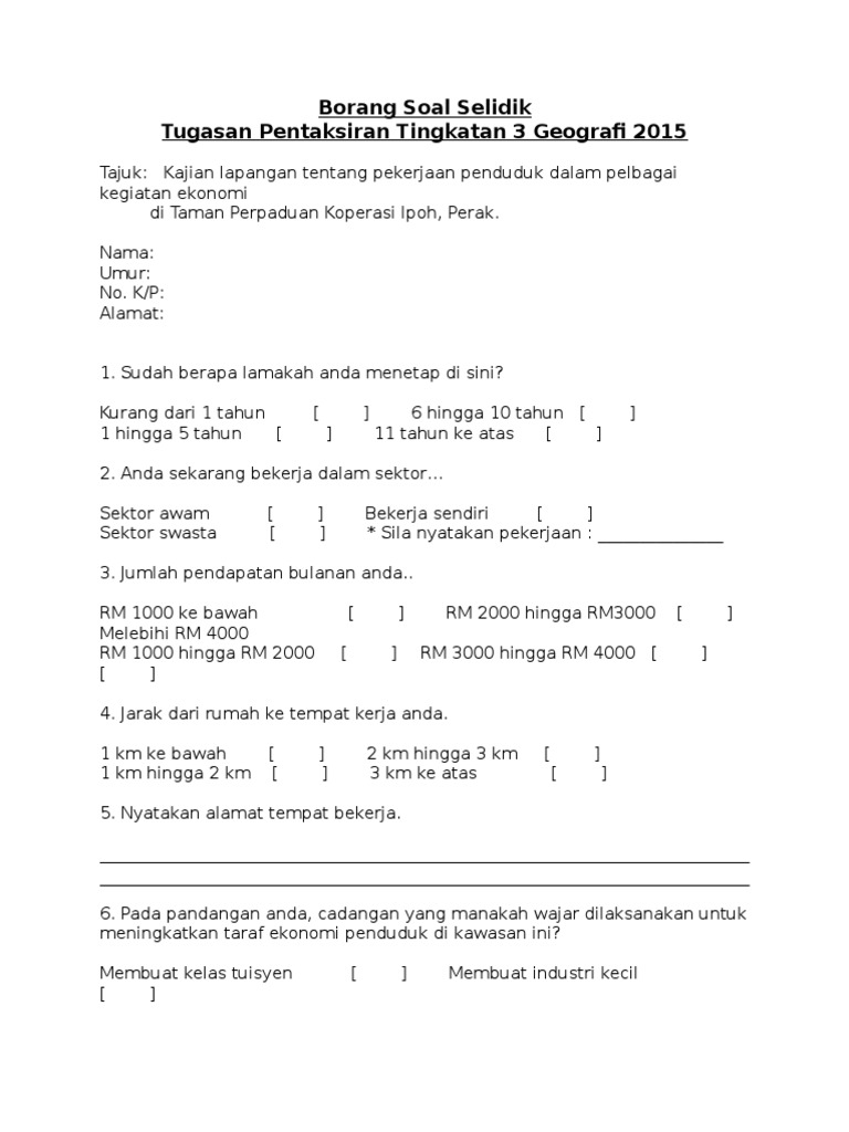 Contoh Borang Soal Selidik Geografi Pt3