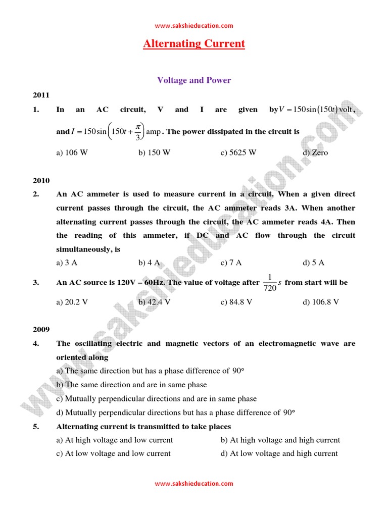 AC Circuits: Voltage and Power MCQs | PDF | Inductor | Series And ...
