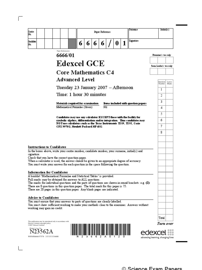 Math Jan 2007 Exam C4 | PDF | Test (Assessment) | Calculator