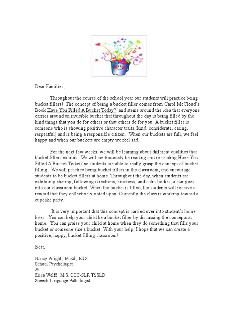 k1 bucket fillers parent letter Social Skills Curriculum
