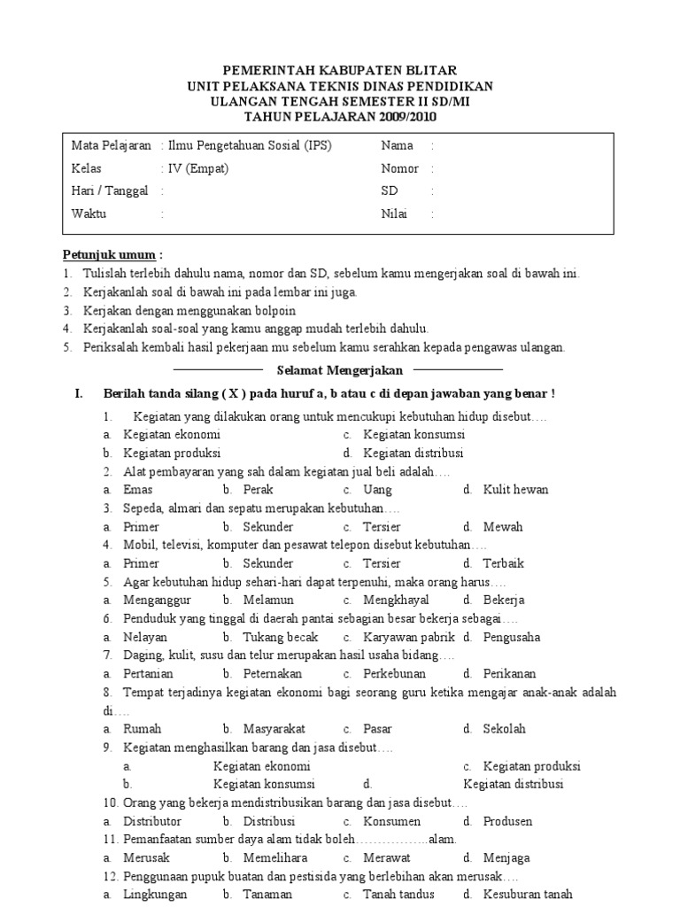 Soal Ips Kelas 4
