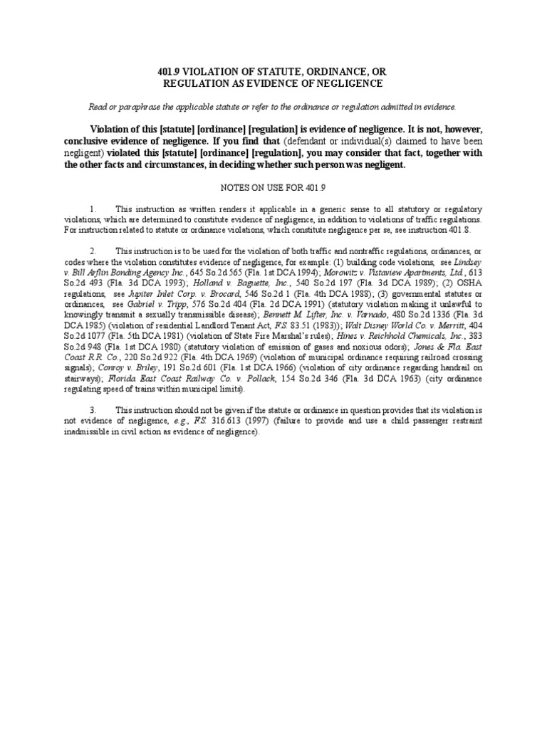 401.9 VIOLATION OF STATUTE, ORDINANCE, OR REGULATION AS EVIDENCE OF