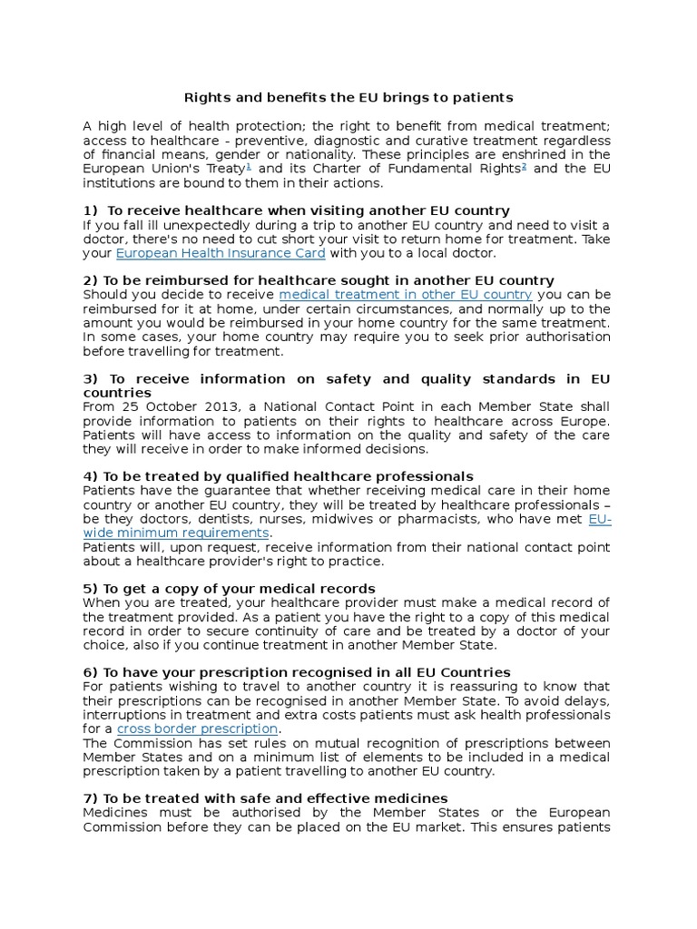 Benefits-Rights The EU Brings To Patients | PDF | Health Professional ...