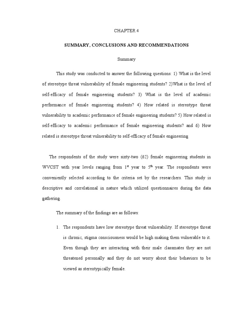 Chapter 4 Summary Conclusions And Recommendations Summary Stereotypes Self Efficacy