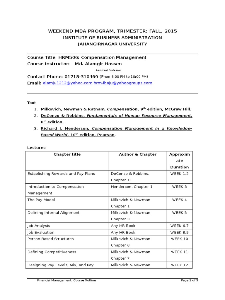 Compensation Course Outline PDF Test (Assessment) Human Resource