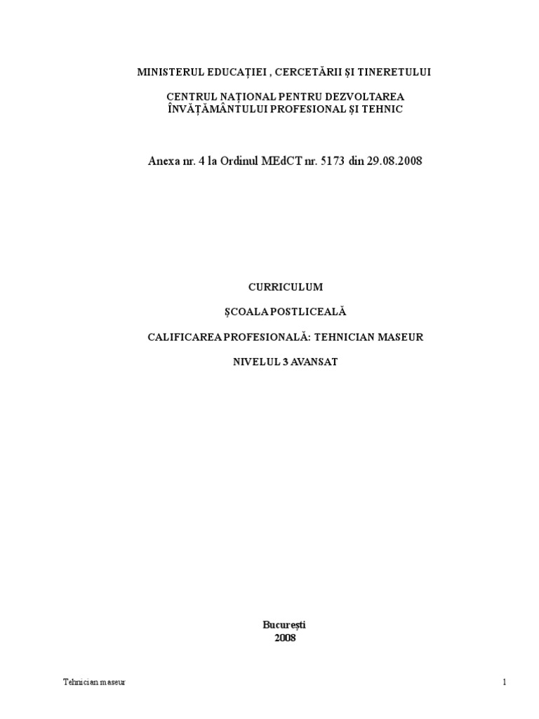 Tehnician Maseur Curriculum Tehnician Maseur | PDF