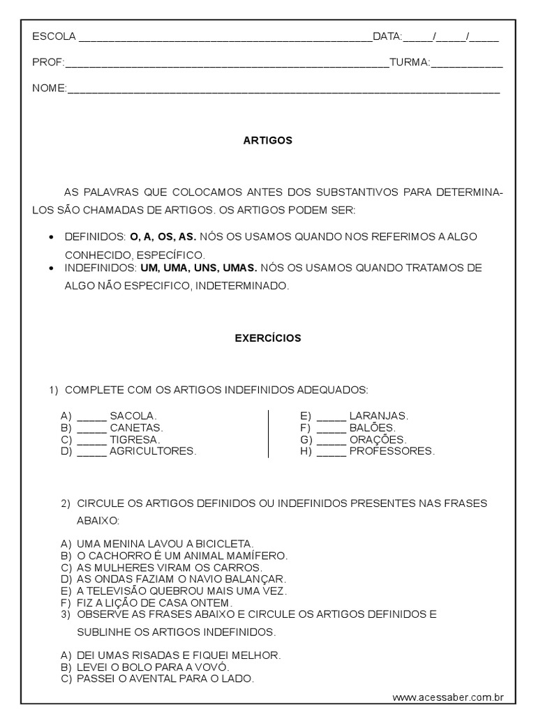 Atividade Sobre Artigo 5 Ano – Atividade de português: Artigos – USQFFI