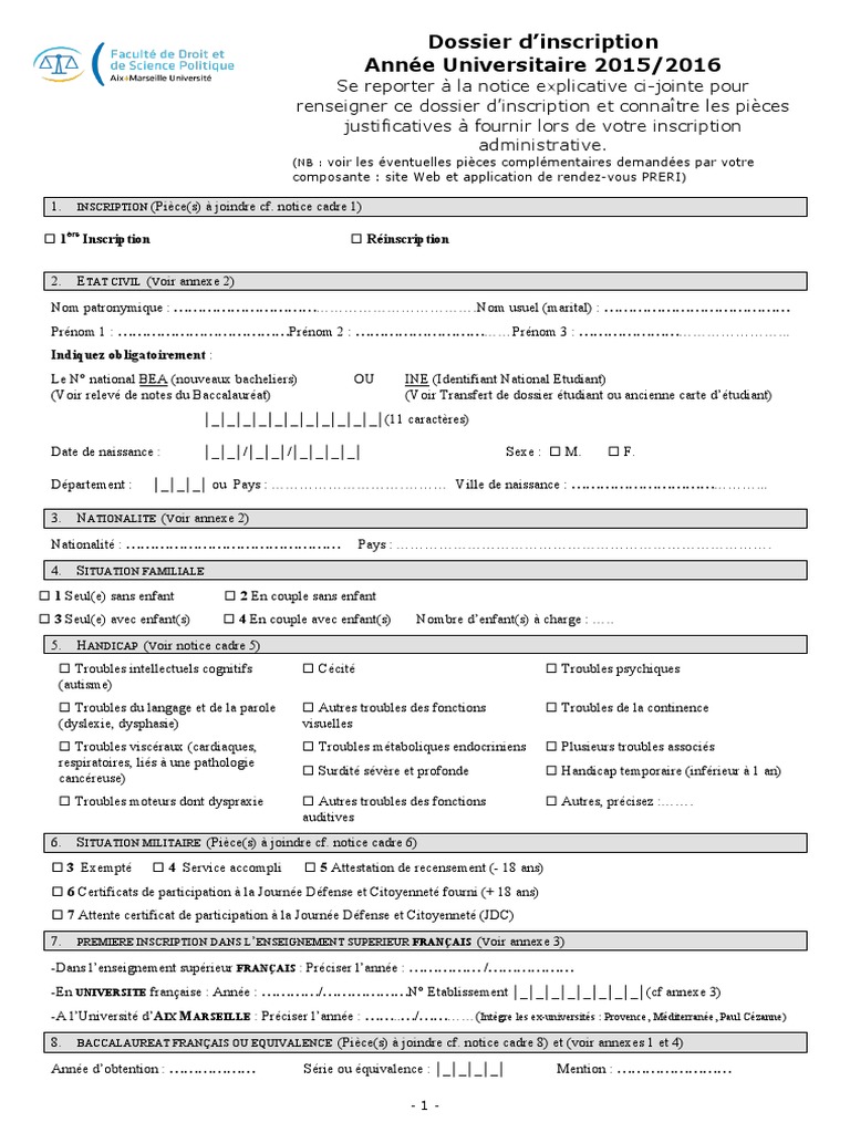 Dossier D Inscription Administrative A L Universite D Aix Marseille Pour L Annee 2015 2016 Pdf Baccalaureat Universitaire Universite