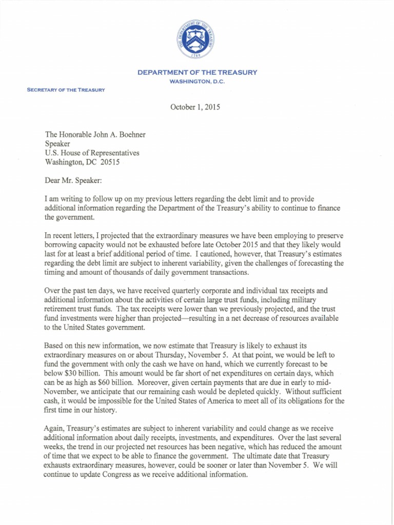 Treasury Letter to Congress 100115 United States Debt Ceiling Debt