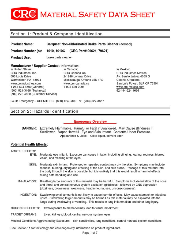 Car Quest NonChlorinated Brake Cleaner MSDS Firefighting Hazardous