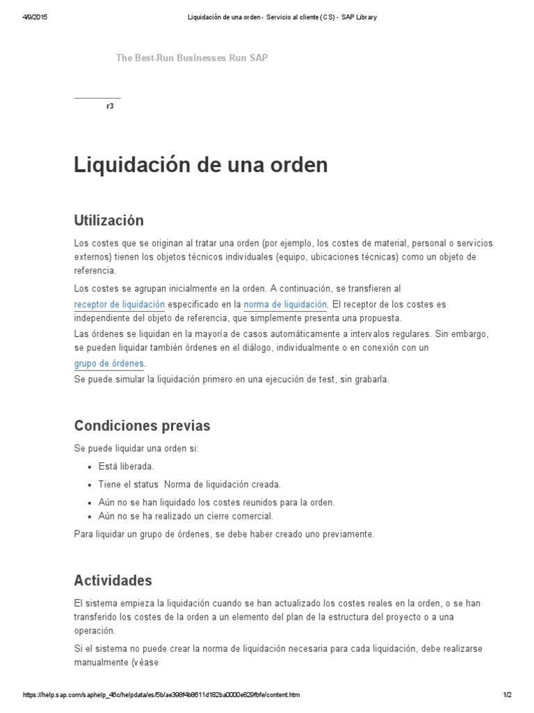 Liquidación de Órdenes en SAP CS | PDF