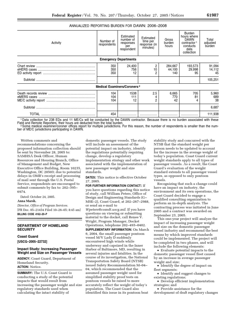 Notice Passenger Vessels Passenger Weight And Size Regulatory