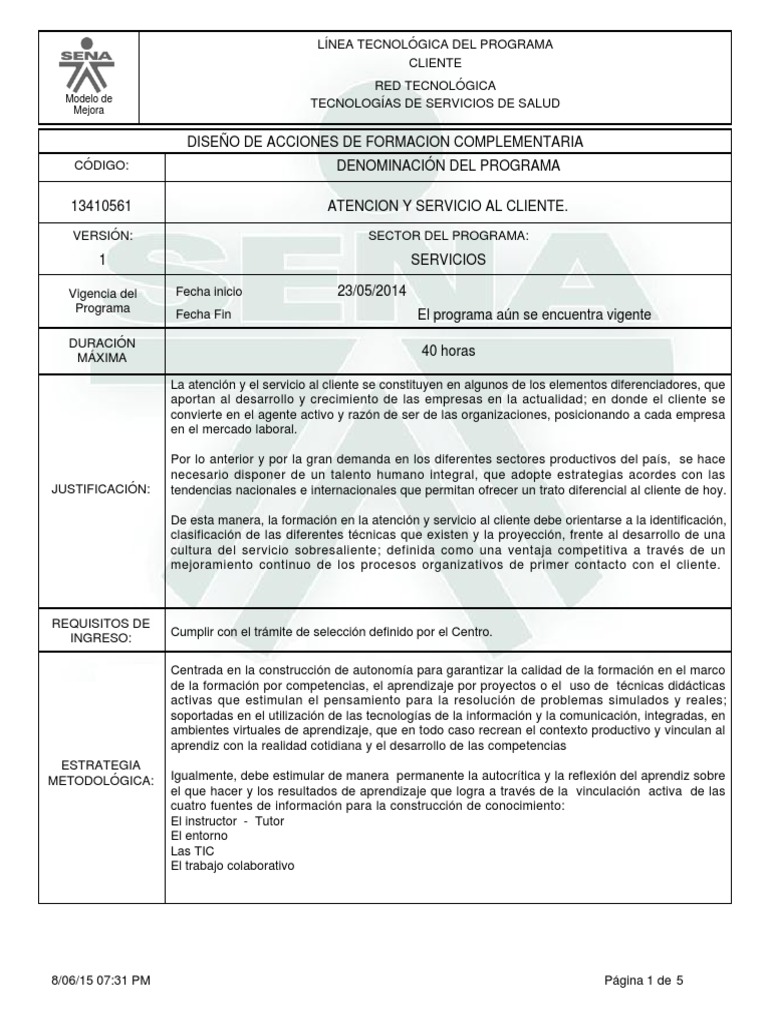 Plan de Atención al Cliente SENA | PDF | Servicio al Cliente | Calidad ...