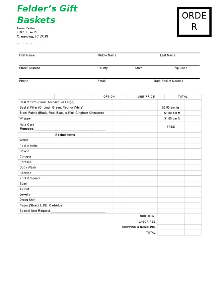 Custom Gift Basket Order Form | PDF