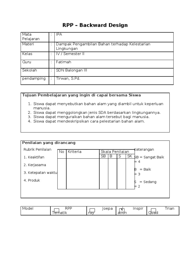 Design RPP - Backward Design - Fatimah | PDF