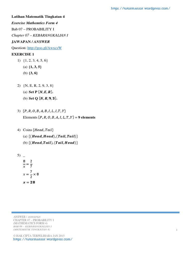Tutormansor Wordpress Com Latihan Matematik Tingkatan 4 07 Probability I Answer Pdf Teaching Mathematics