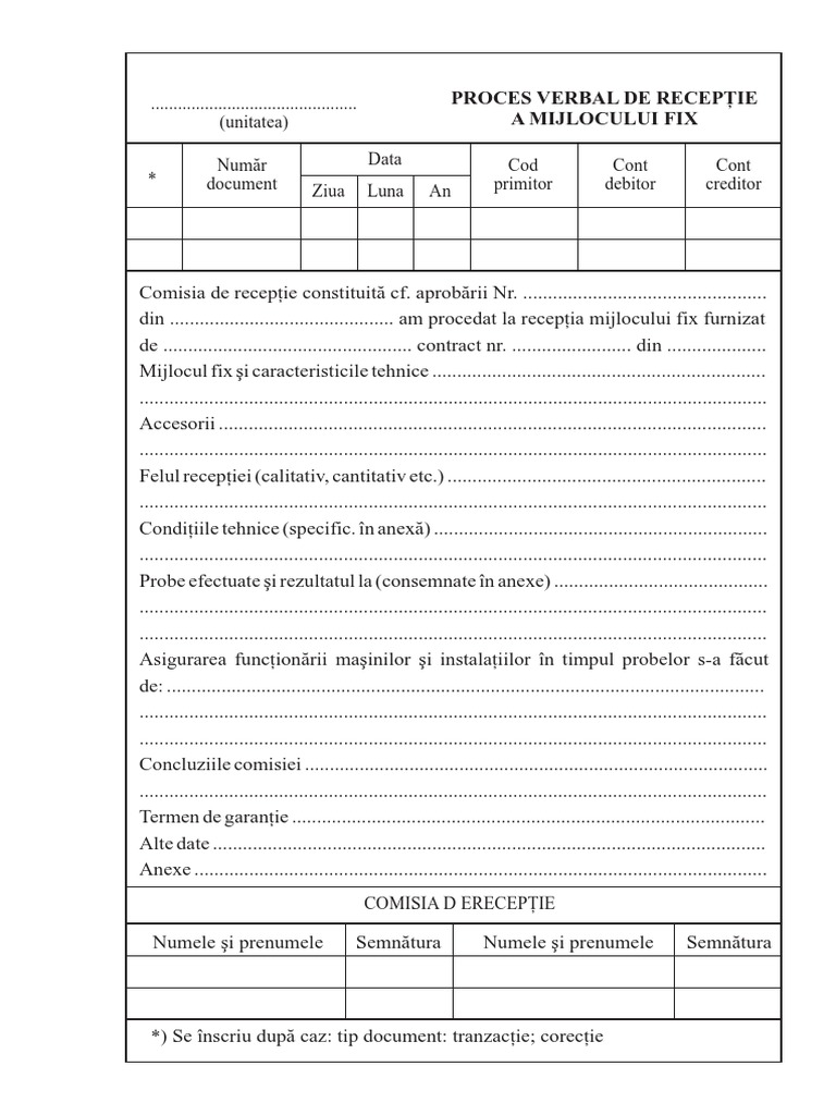 Proces Verbal de Receptie a Mijlocului Fix