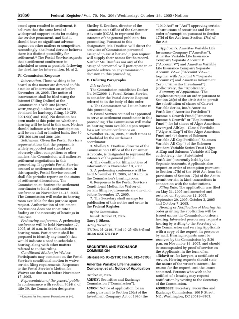 Notice Investment Company Act of 1940 Ameritas Variable