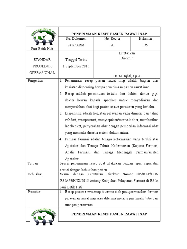 Prosedur Penerimaan Resep Rawat Inap | PDF | Kesehatan Holistik