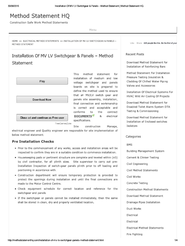 MV LV Installation Method Statement | PDF