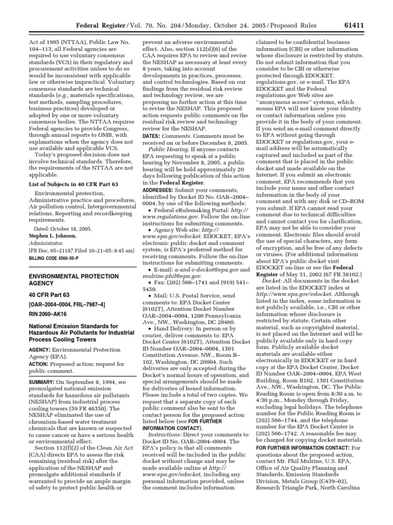 Proposed Rule Air Pollutants, Hazardous National Emission Standards Industrial Process Cooling