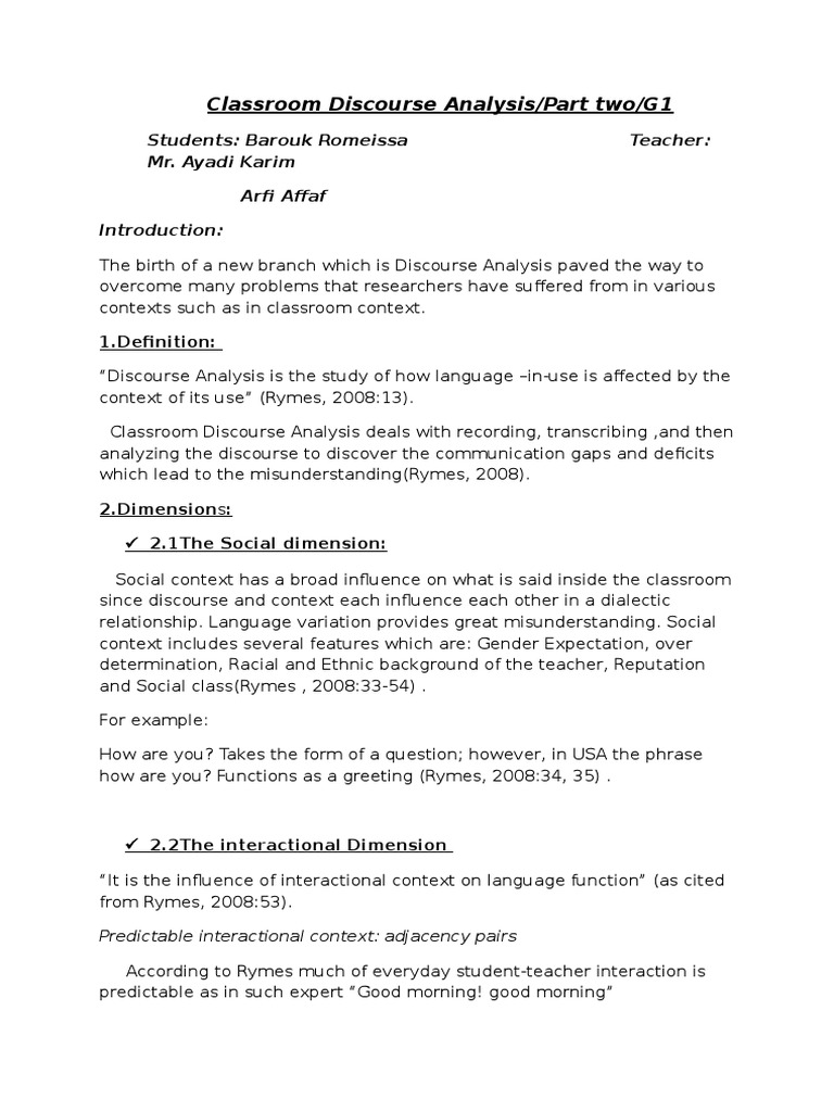 Classroom Discourse Analysis G1 Pdf Classroom Teachers