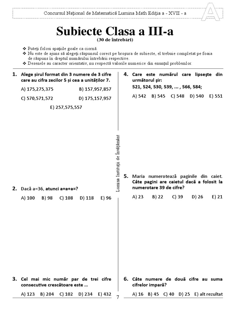 Test Lumina Math Clasa A III - 2013 | PDF