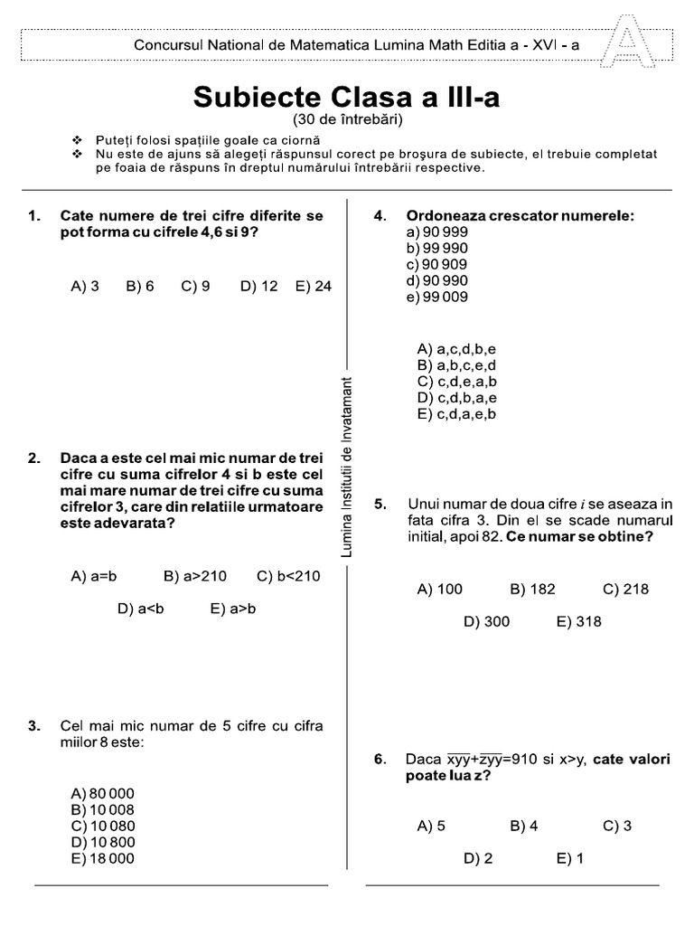 Test Lumina Math Clasa A III-2012-1 | PDF