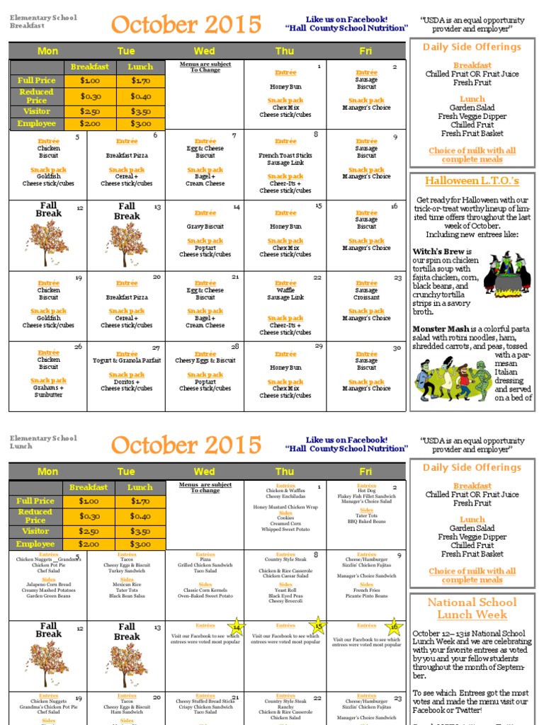 October School Menu Highlights | PDF | Salad | Lunch