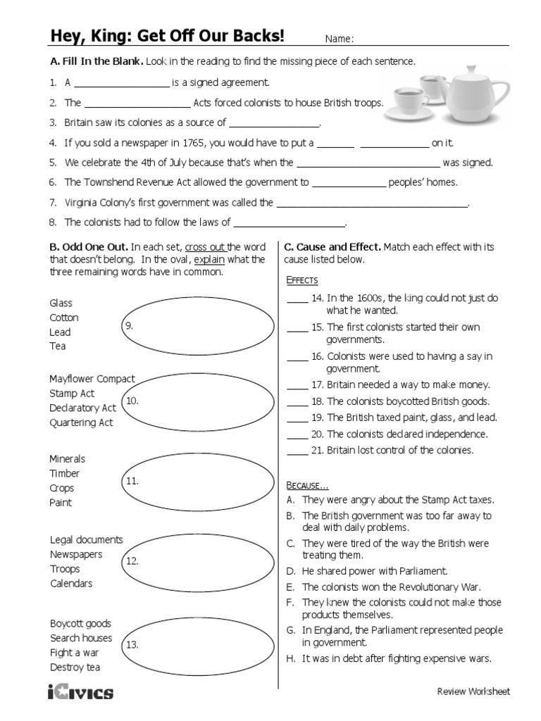 Hey King Get Off Our Backs Worksheet | PDF | Kingdom Of Great Britain |  Colonial United States (British)