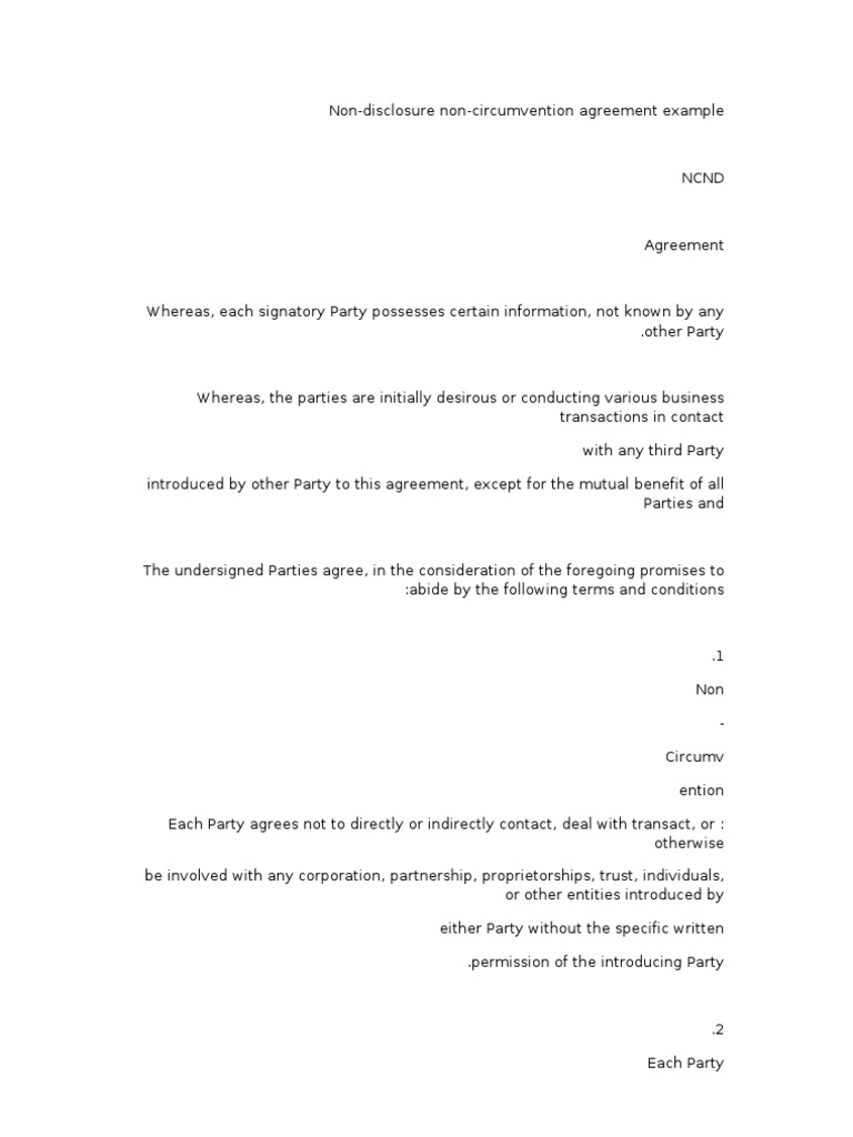 Non-Disclosure Non-Circumvention Agreement | PDF | Non Disclosure ...