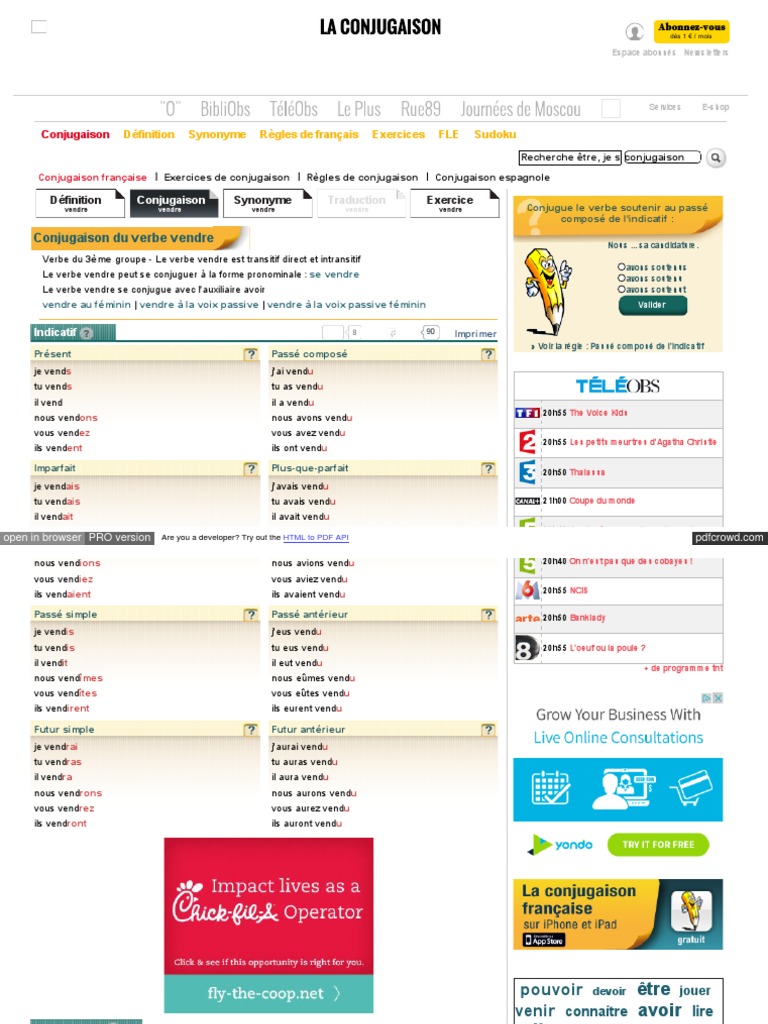 La Conjugaison Nouvelobs Com Du Verbe Vendre Verbe Onomastique