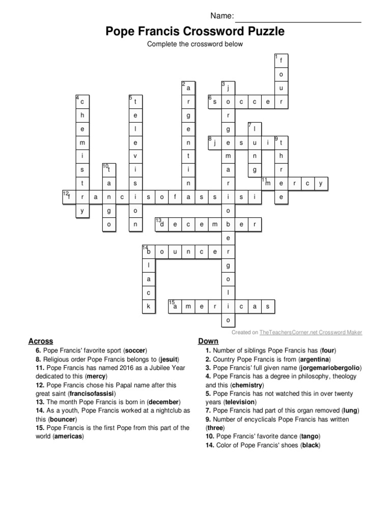 Pope Francis Crossword Puzzle Answers Pope Francis Christian