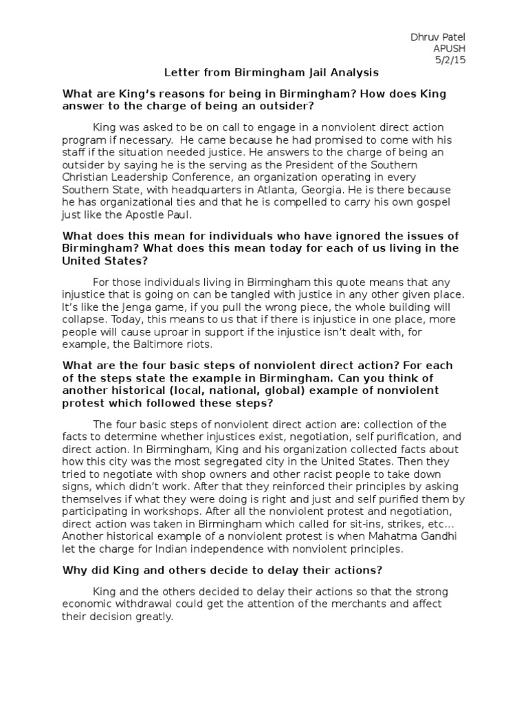 Letter From Birmingham Jail Analysis Nonviolence Natural And Legal