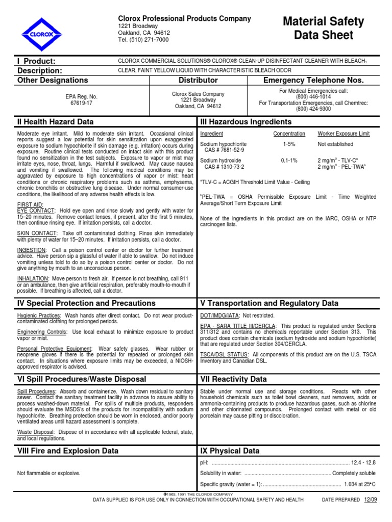 Clorox Bleach Msds | PDF | Chemistry | Chemical Substances