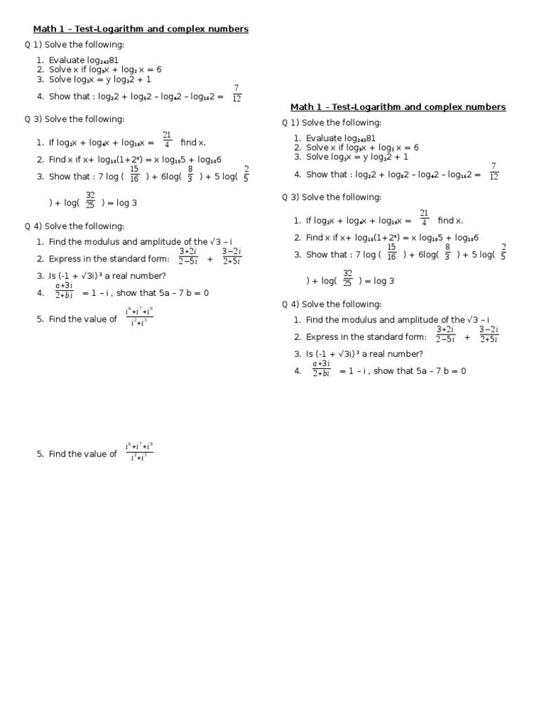 Math 1 - Test-Logarithm and Complex Numbers: A+3 I I I I I I | PDF