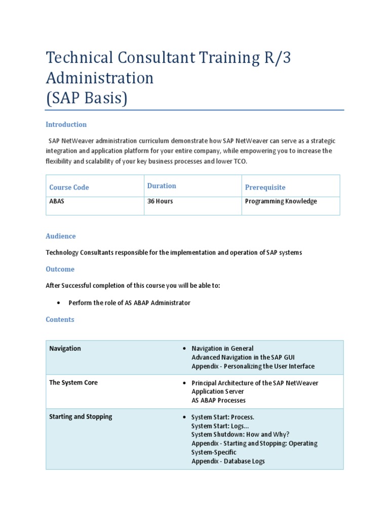 SAP Basis Administrator Training Overview | PDF