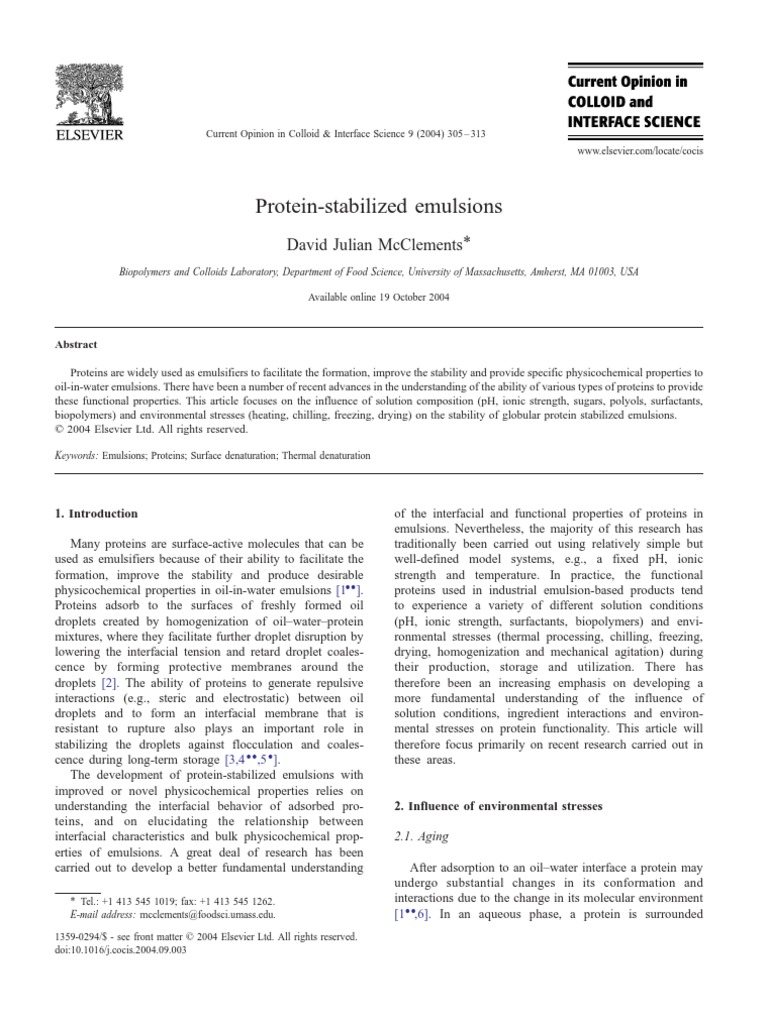 Protein Stabilized Emulsions | PDF | Emulsion | Surfactant