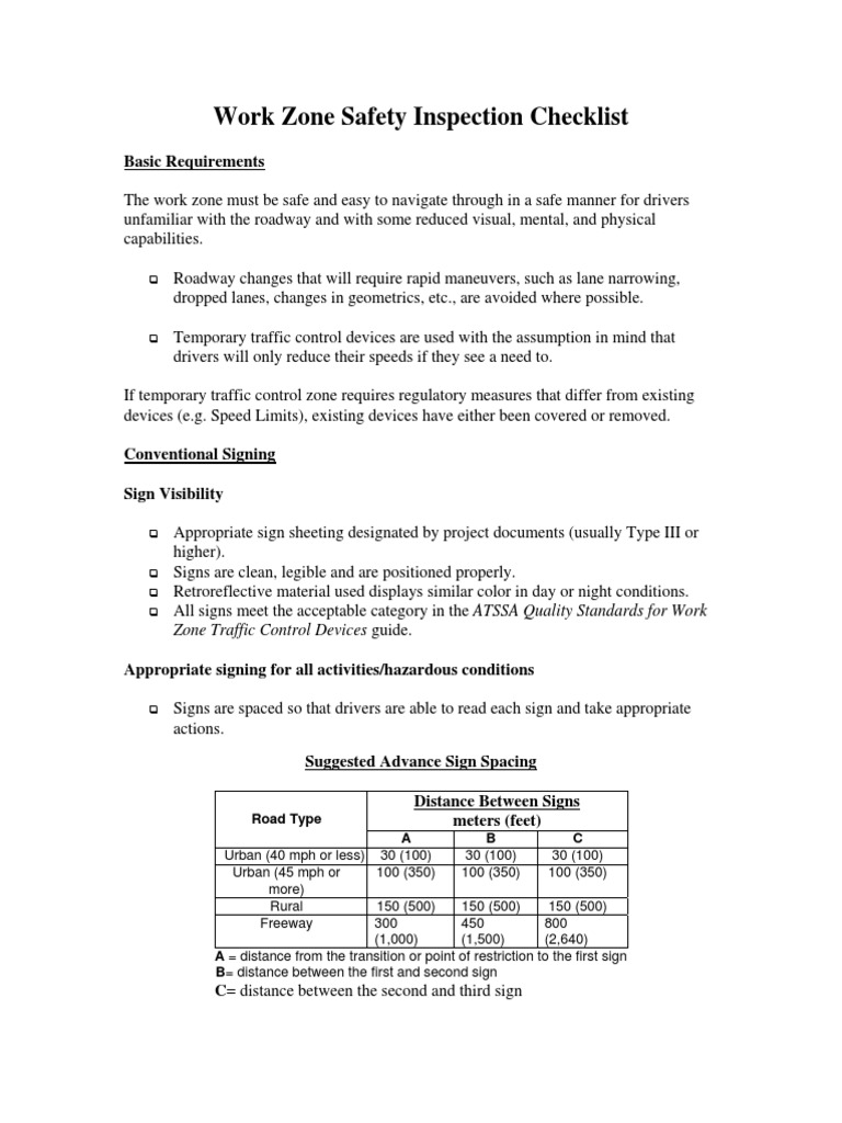 Work Zone Checklist Traffic Lane