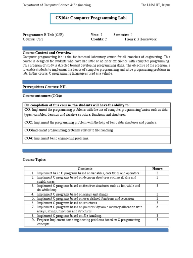 CS104: Computer Programming Lab: Programme: Year: I Semester: Course ...