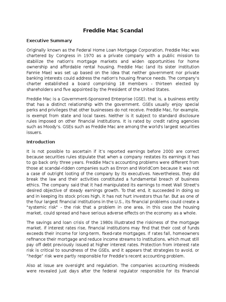 Freddie Mac Scandal Freddie Mac Government Sponsored Enterprise